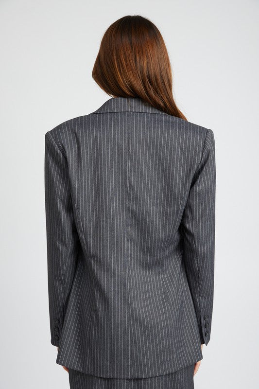 Back view of Clementine Pinstripe Blazer in heather gray with vertical pinstripes