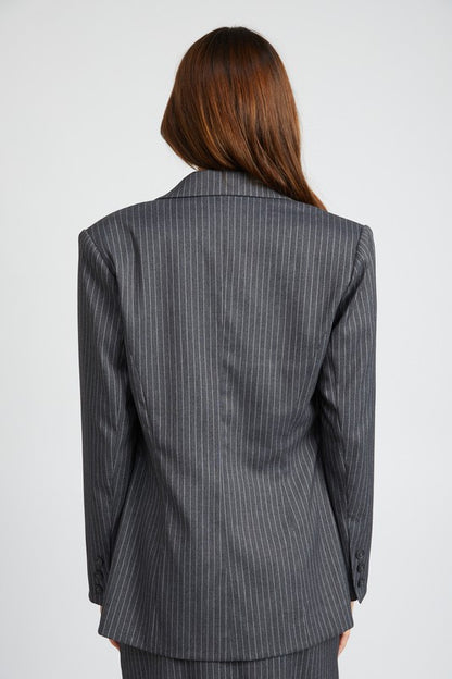 Back view of Clementine Pinstripe Blazer in heather gray with vertical pinstripes