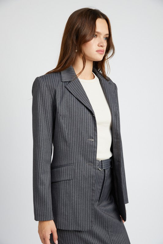 Side angle of Clementine Pinstripe Blazer showing tailored fit and notched lapel