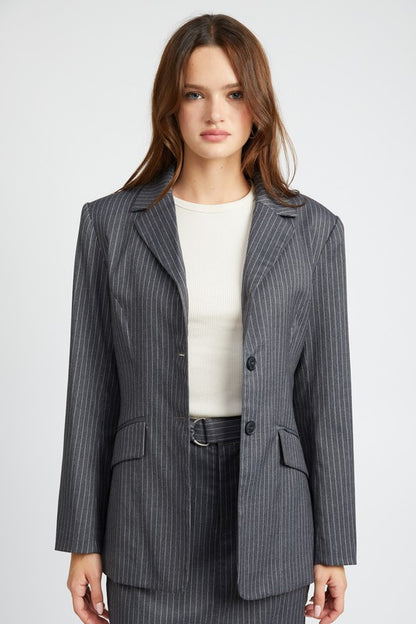 Front view of Clementine Pinstripe Blazer in heather gray with button closure