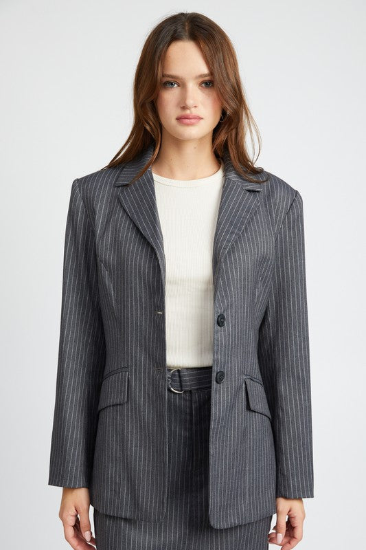 Front view of Clementine Pinstripe Blazer in heather gray with button closure
