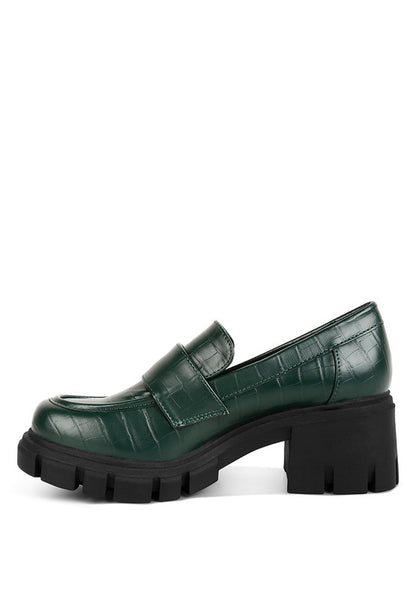 Side view of Benz Platform Loafers in dark green with chunky platform sole