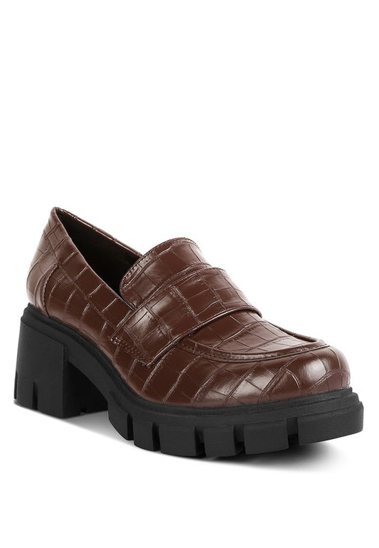 Front angle view of Benz Platform Loafers in brown croc faux leather