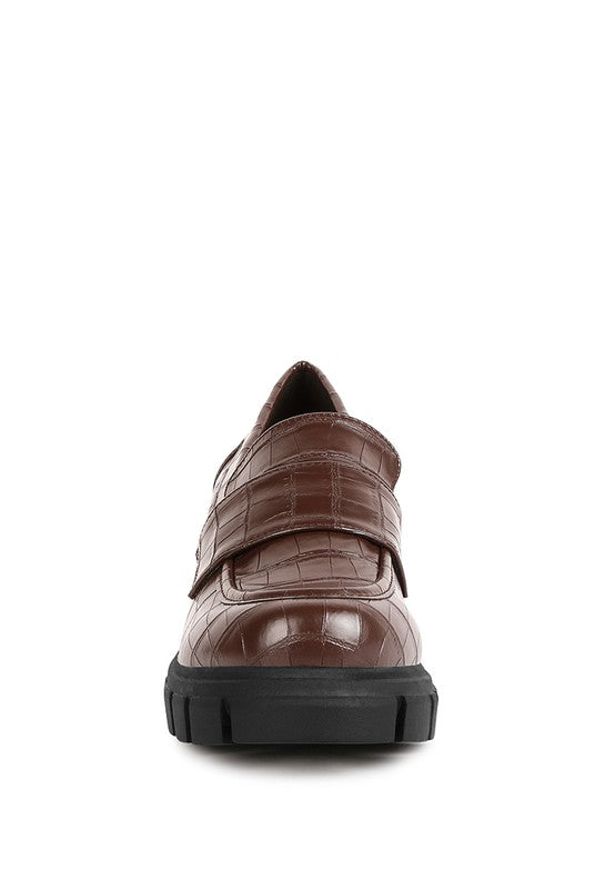 Front view of Benz Platform Loafers in brown with rounded toe design
