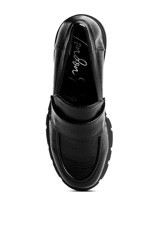 Top view of Benz Platform Loafers in black with cushioned insole and croc finish