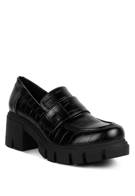 Front angle view of Benz Platform Loafers in black croc faux leather