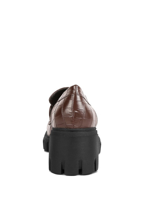 Back view of Benz Platform Loafers in brown with platform heel construction