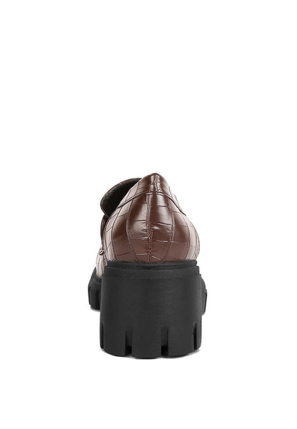 Back view of Benz Platform Loafers in brown with platform heel construction