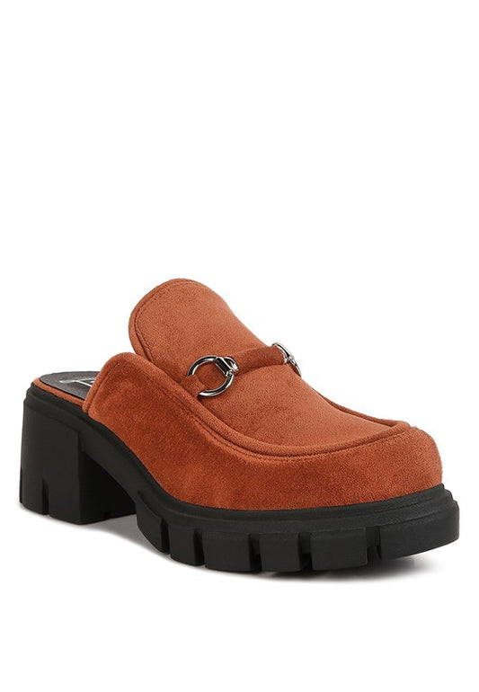 Prosper Platform Mule Tan velvet loafer with chunky lug sole
