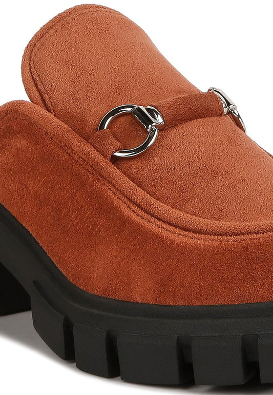 Prosper Platform Mule Tan with metallic horsebit embellishment