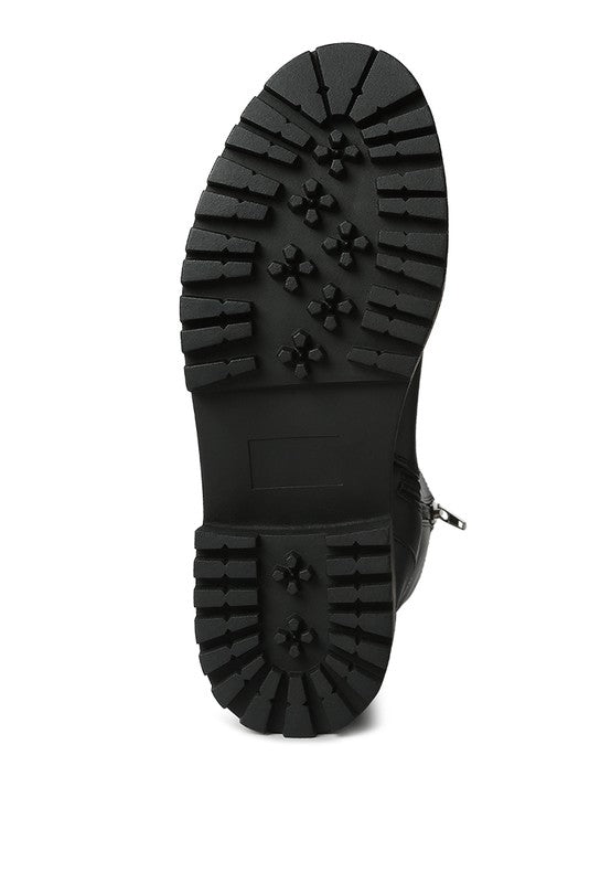 Bottom sole view of Lewisa Paneled Lug Sole Boots in black with textured rubber outsole