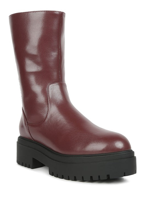Front view of Lewisa Paneled Lug Sole Boots in burgundy faux leather