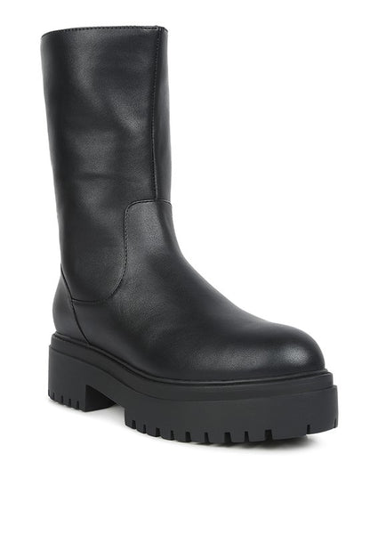 Front angle view of Lewisa Paneled Lug Sole Boots in black faux leather