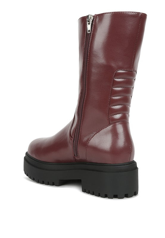 Back angle view of Lewisa Paneled Lug Sole Boots in burgundy with panel detailing