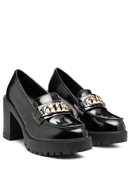 Sachs Block Heeled Chunky Loafers in Black patent pair with gold chain hardware and chunky treaded soles.