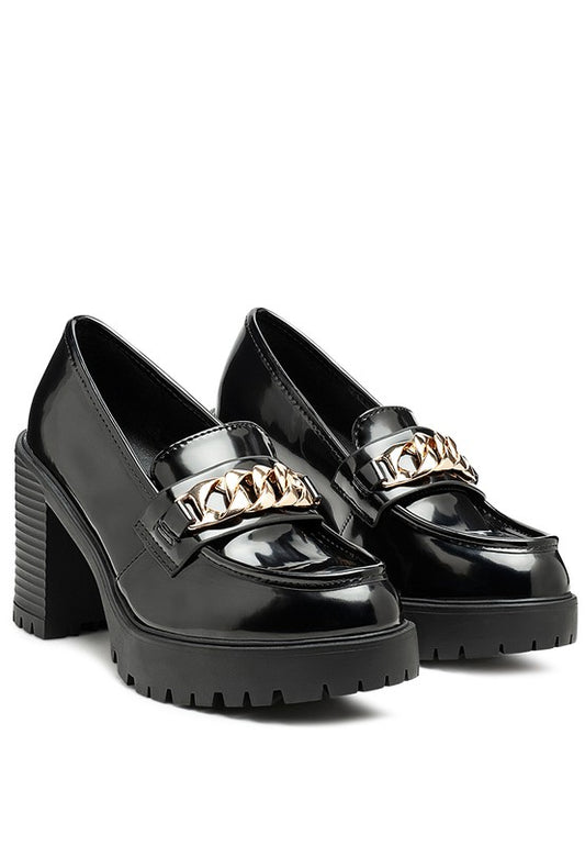 Sachs Block Heeled Chunky Loafers in Black patent pair with gold chain hardware and chunky treaded soles.
