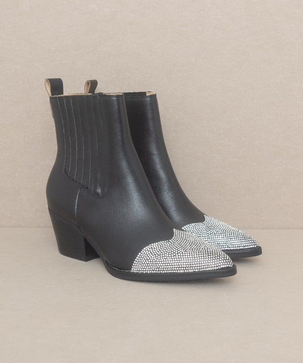 Zuri Rhinestone Toed Booties from Oasis Society in black, featuring a chic Western style with bedazzled toes for a glamorous edge.