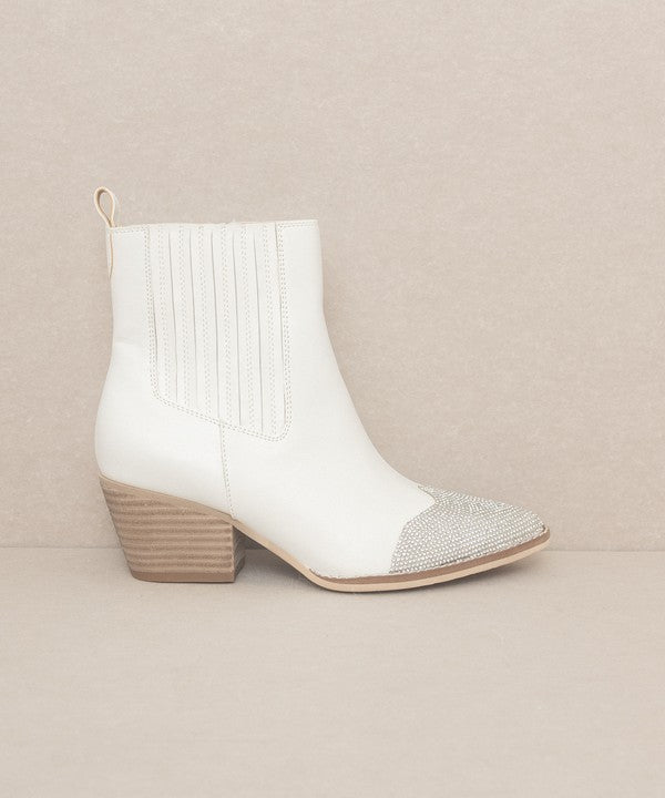 Zuri Rhinestone Toed Booties from Oasis Society in white, featuring a chic Western style with bedazzled toes for a glamorous edge.