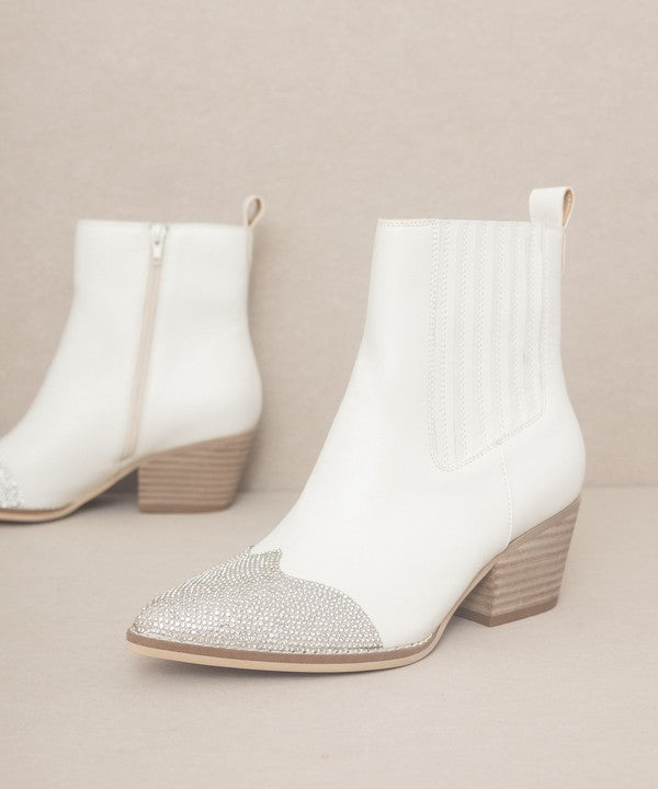 Zuri Rhinestone Toed Booties from Oasis Society in white, featuring a chic Western style with bedazzled toes for a glamorous edge.