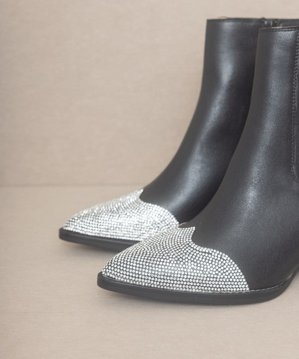 Zuri Rhinestone Toed Booties from Oasis Society in black, featuring a chic Western style with bedazzled toes for a glamorous edge.