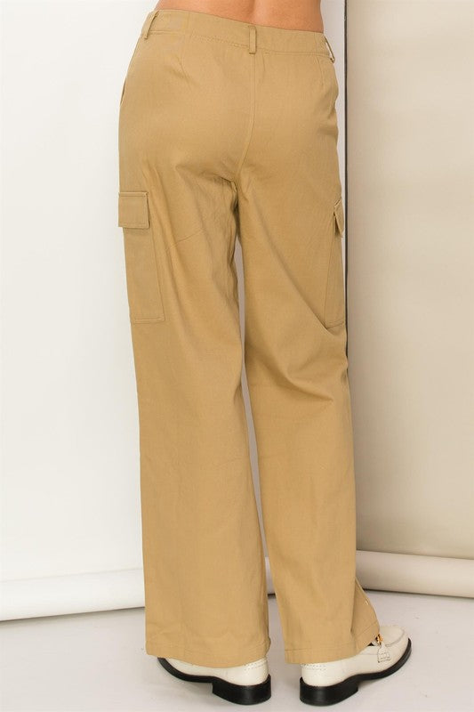 Khaki high-waisted cargo pants with a straight-leg fit, functional side pockets, and zip fly.