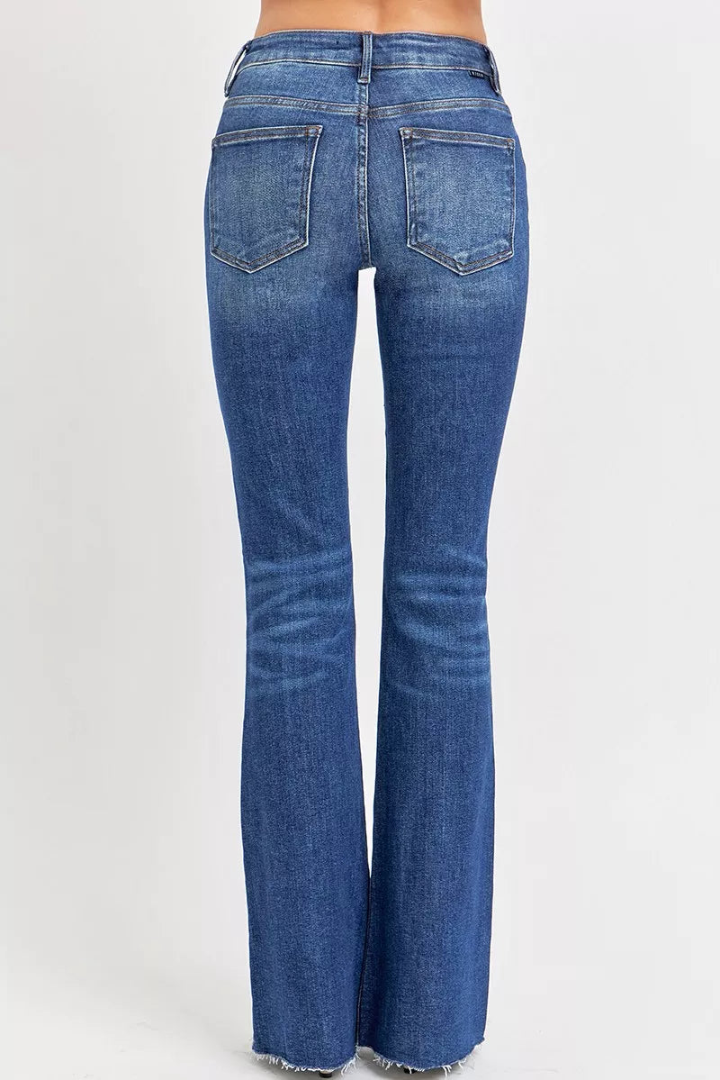 Back view of Jax Distressed Flare Jeans with mid-rise fit
