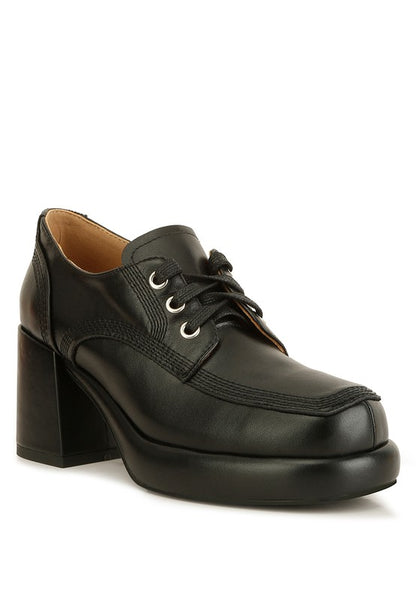 Black Quecha Leather Block Heel Oxfords front angle with platform sole