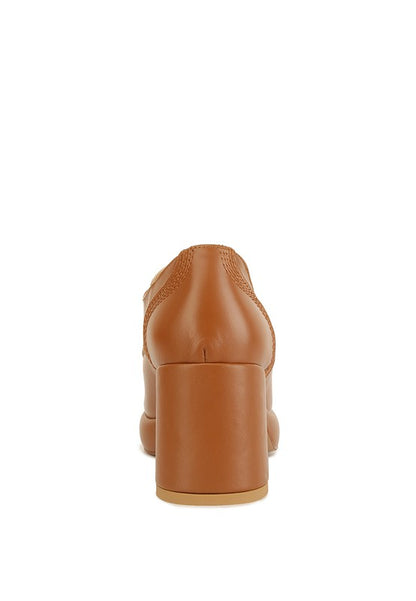 Tan Quecha Leather Block Heel Oxfords back view with stitched counter detail