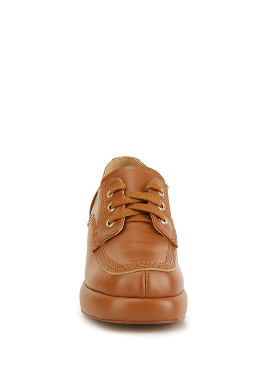 Tan Quecha Leather Block Heel Oxfords front view highlighting square toe
