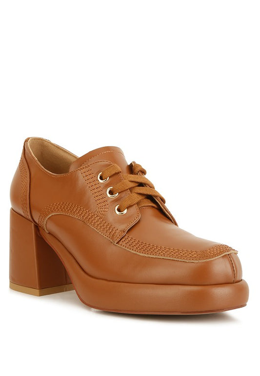 Tan Quecha Leather Block Heel Oxfords front angle with lace-up design
