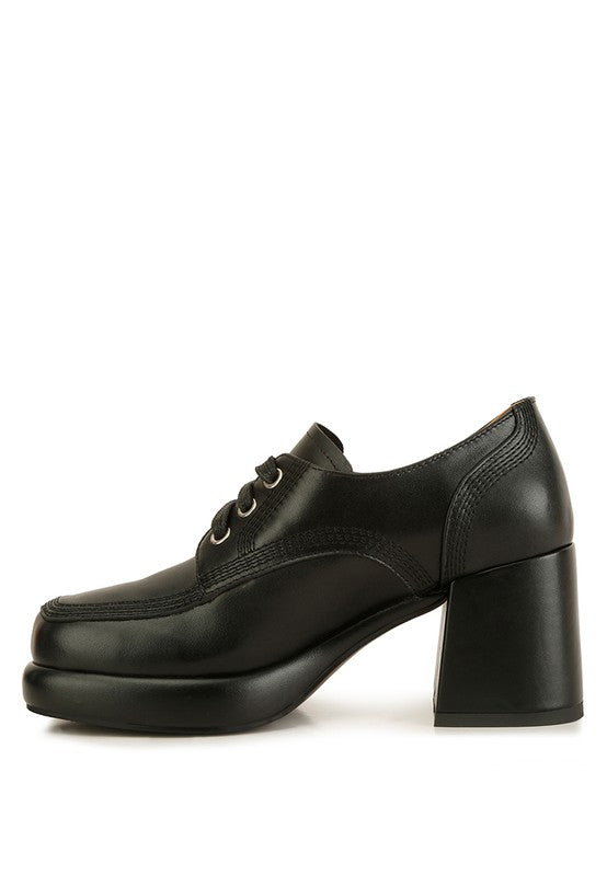 Black Quecha Leather Block Heel Oxfords side profile with square toe design