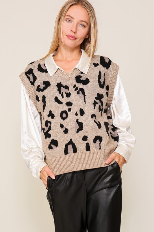 Leopard print vest with a V-neck design, sleeveless with a relaxed fit.