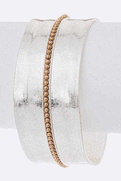 Cersie Adjustable Cuff Bracelet in worn silver two-tone matte finish with 1.2-inch width and open cuff design.