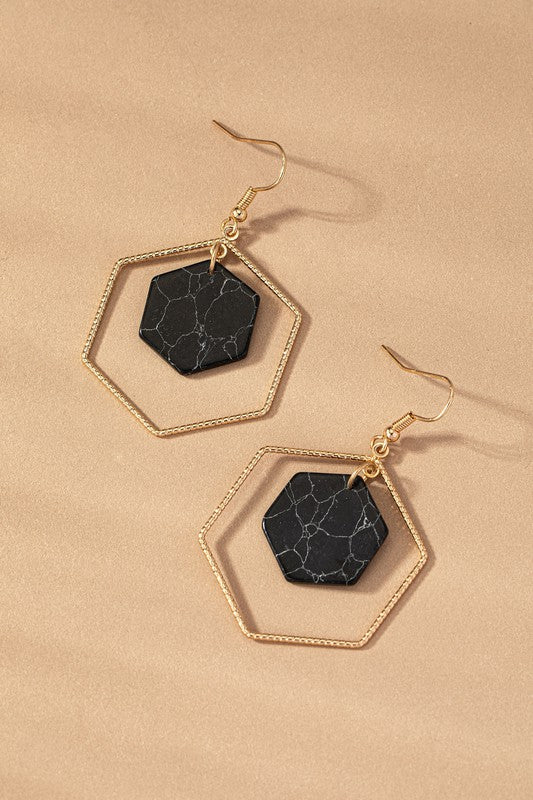 Hexagon Hoop and Stone Drop Earrings