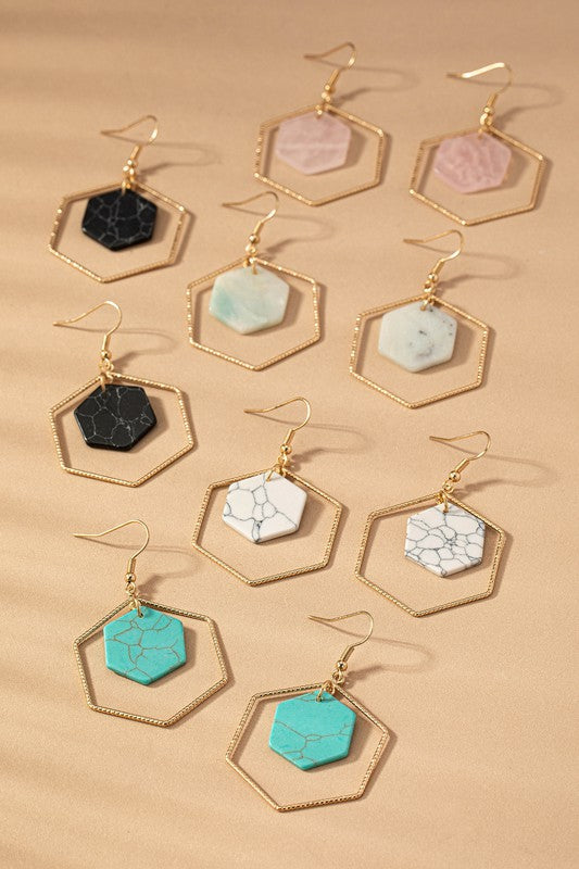 Hexagon Hoop and Stone Drop Earrings