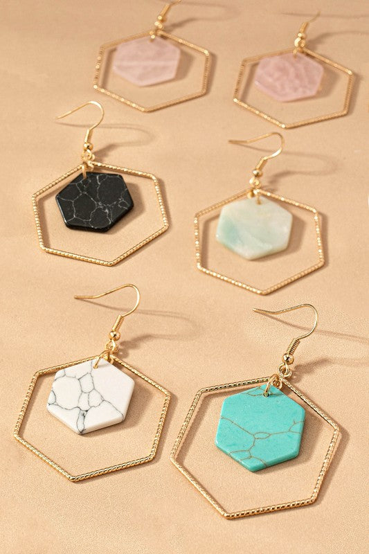 Hexagon Hoop and Stone Drop Earrings