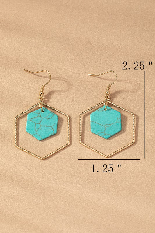 Hexagon Hoop and Stone Drop Earrings