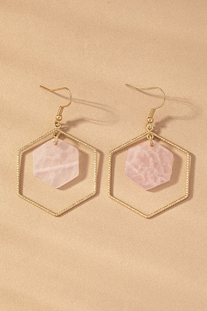 Hexagon Hoop and Stone Drop Earrings in rose quartz.
