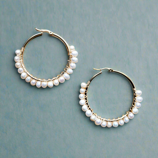 Suzan Wire Wrapped Freshwater Pearl Beaded Hoop Earrings