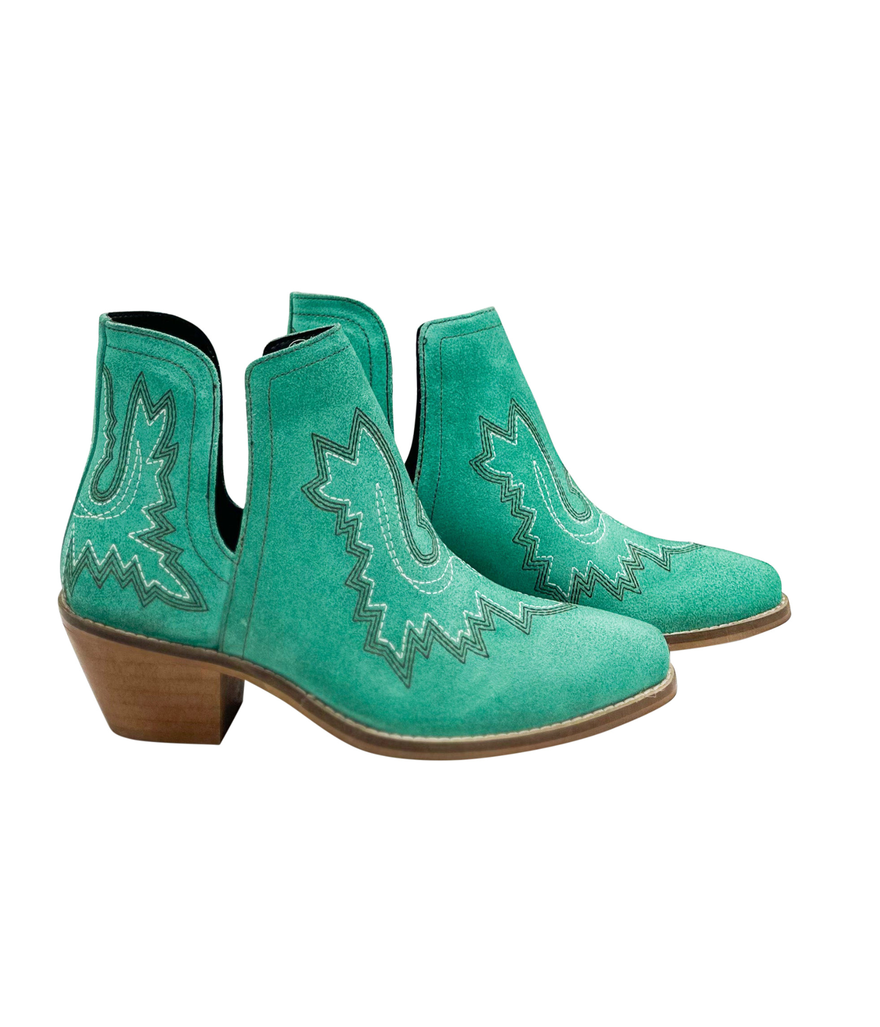 Turquoise leather booties with Western embroidery, roomy snip toe, cushioned footbed, and ankle slits.