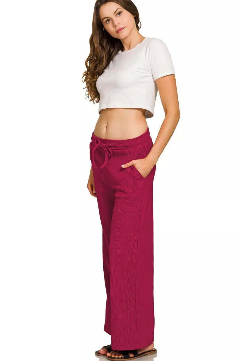 Jenny Cabernet pants close up, ribbed drawstring waistband with cozy stretch fit.