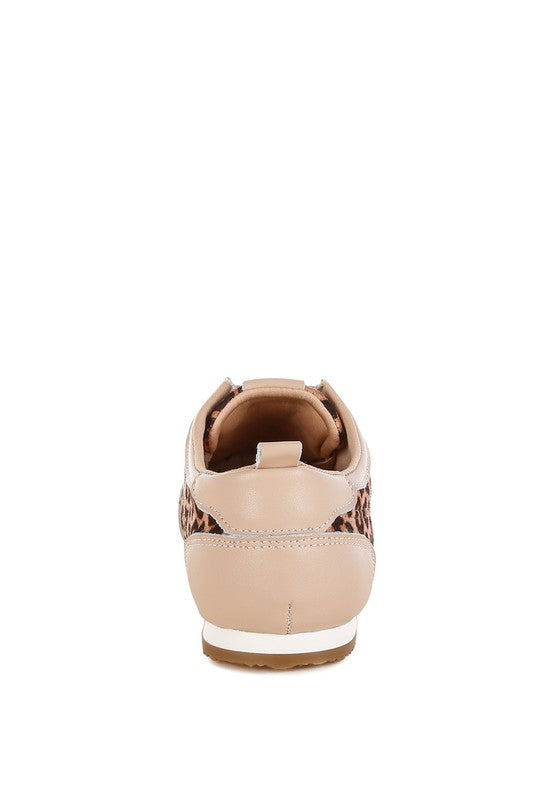 Leopard print and beige genuine leather sneakers back view with pull tabs and stud embellishments.