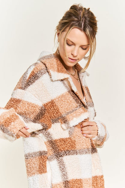 Side view of Sariya Plus Size Teddy Jacket highlighting fuzzy brown plaid with fall tones.