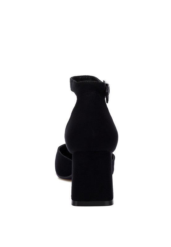 Black Rozita Block Heels with flared 2.5-inch block heel and ankle strap buckle