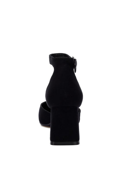 Black Rozita Block Heels with flared 2.5-inch block heel and ankle strap buckle