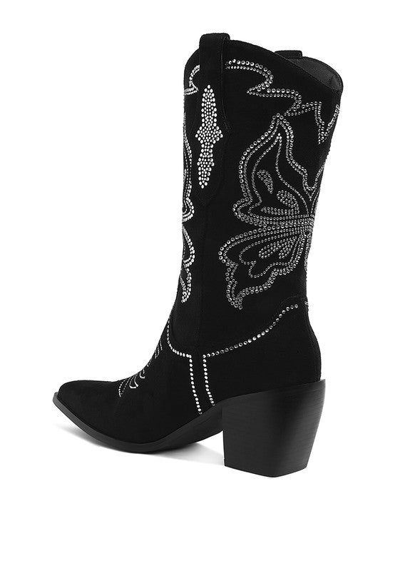 Back view showing rhinestone butterfly pattern on black cowboy boots