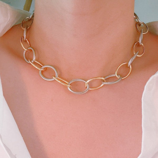 Woman wearing Cabled Texture Two Tone Chain Necklace with gold and silver links