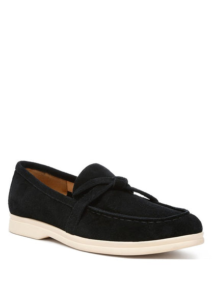 Nautica Genuine Suede Knot Detailed Loafers in black, front angle with knot vamp.