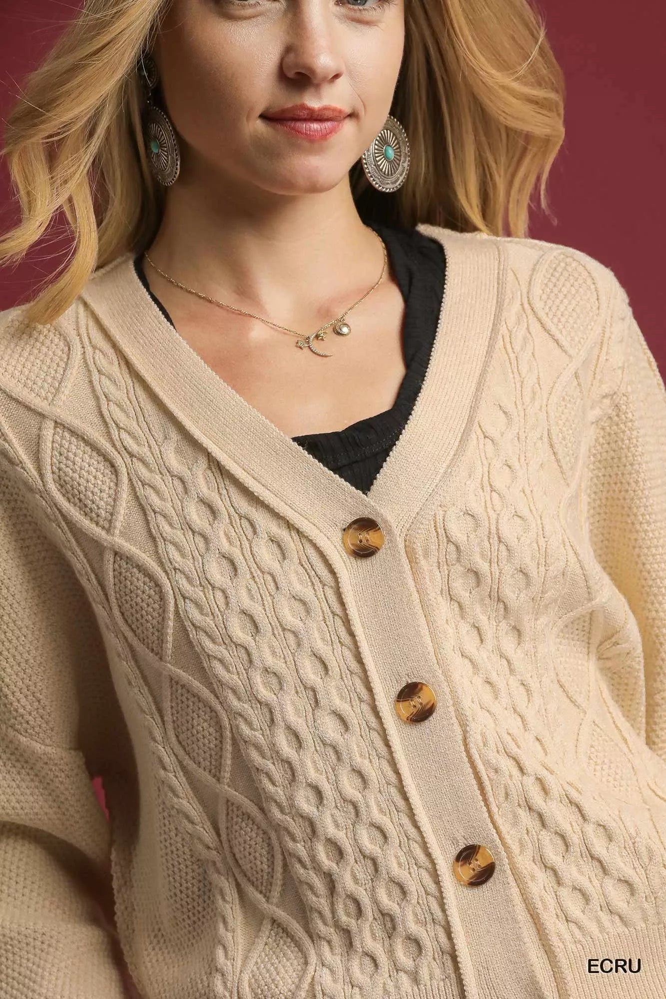 Uma V-Neck Button-Up Cardigan – close-up of cable knit pattern and button closure in ecru.
