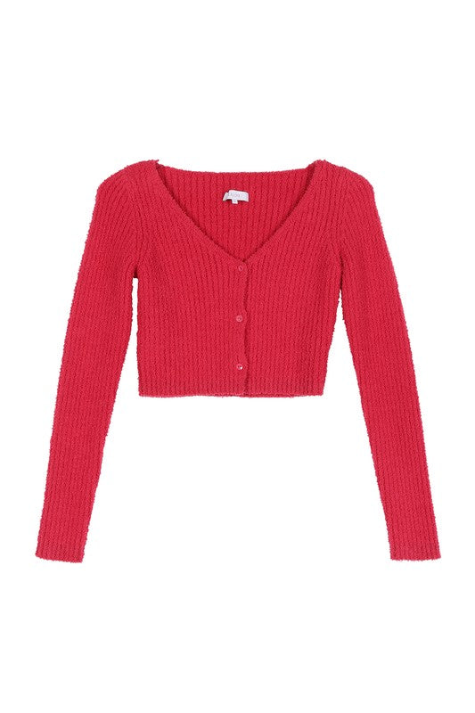 Pink woman's button down cardigan with a scoop neck, long sleeves, and a cropped length.